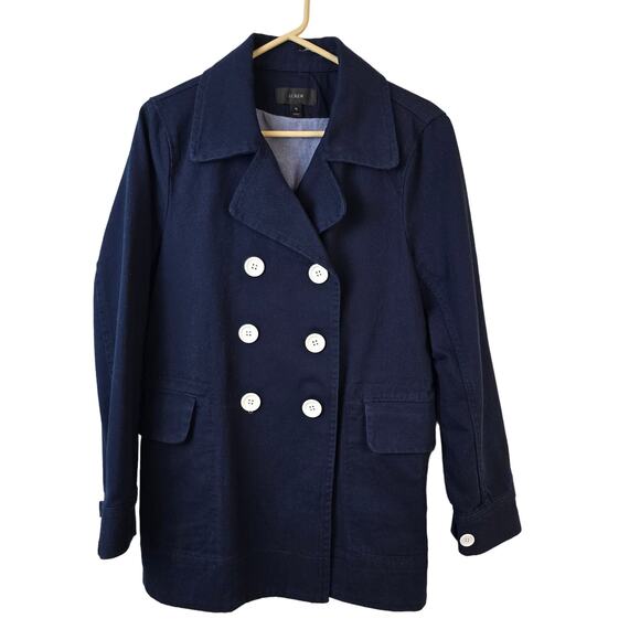 J Crew Pea Coat Women's 10 Navy Double Breasted White Button Heavyweight Twill - Picture 1 of 15